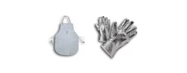Schweißerkleidung: Schweißerschürze, Handschuhe aus Aluminiumfaser, Mützen, Spaltlederjacken.